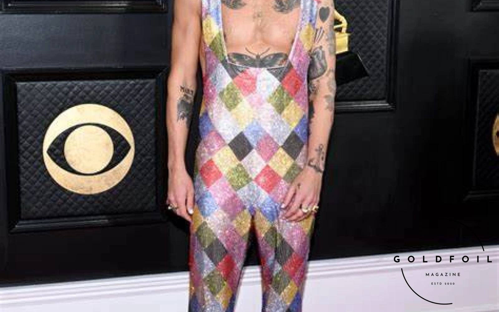 Harry Styles in a sequin patchwork jumpsuit from Egonlab to the Grammys 2023 Harry Styles in a sequin patchwork jumpsuit from Egonlab to the Grammys 2023