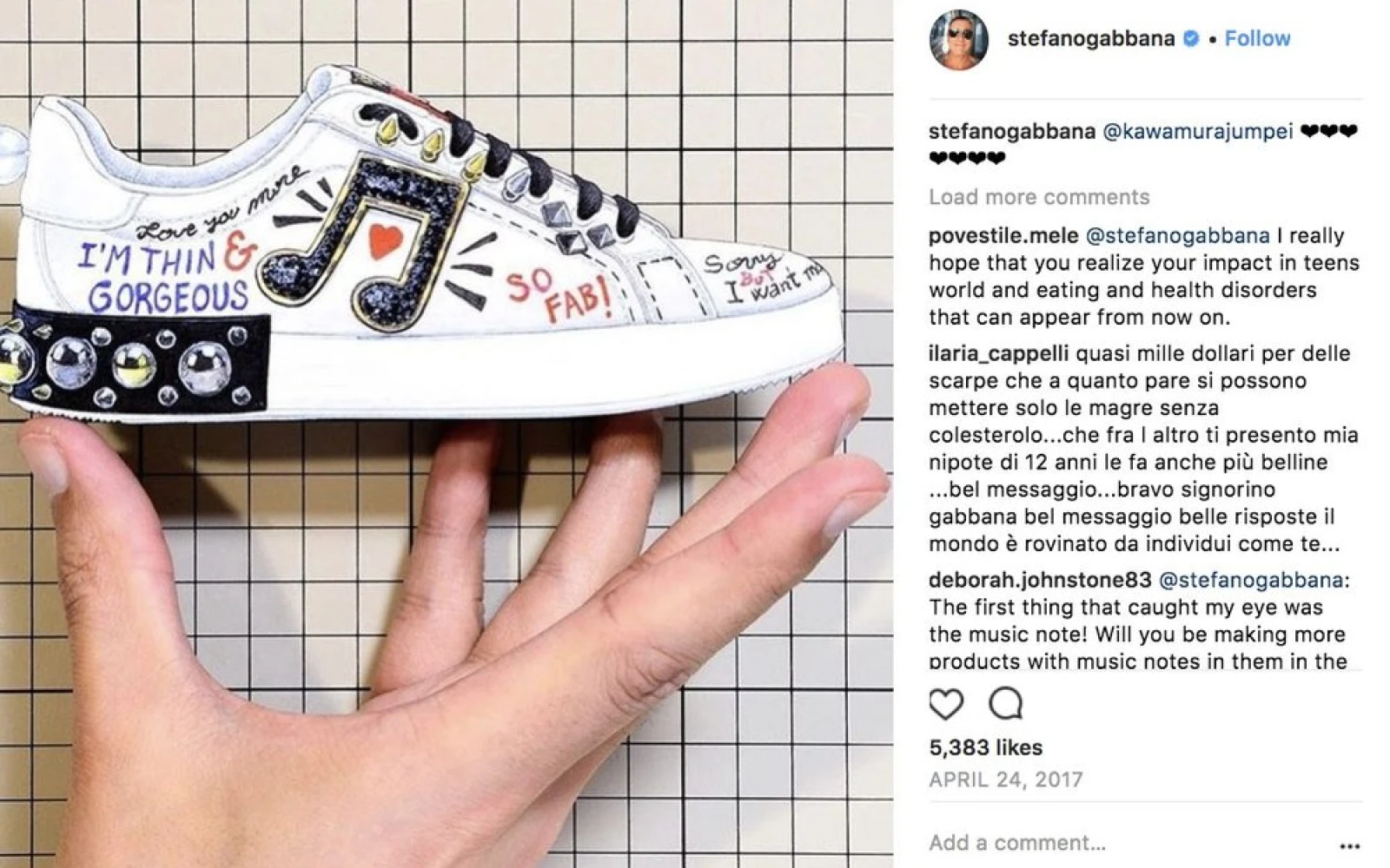 Dolce & Gabbana sparks controversy over the I am thin and gorgeous sneakers they released in 2017, after body shamming celebrities publicly and refusing to dress the stars based on their weight Dolce & Gabbana sparks controversy over the I am thin and gorgeous sneakers they released in 2017, after body shamming celebrities publicly and refusing to dress the stars based on their weight