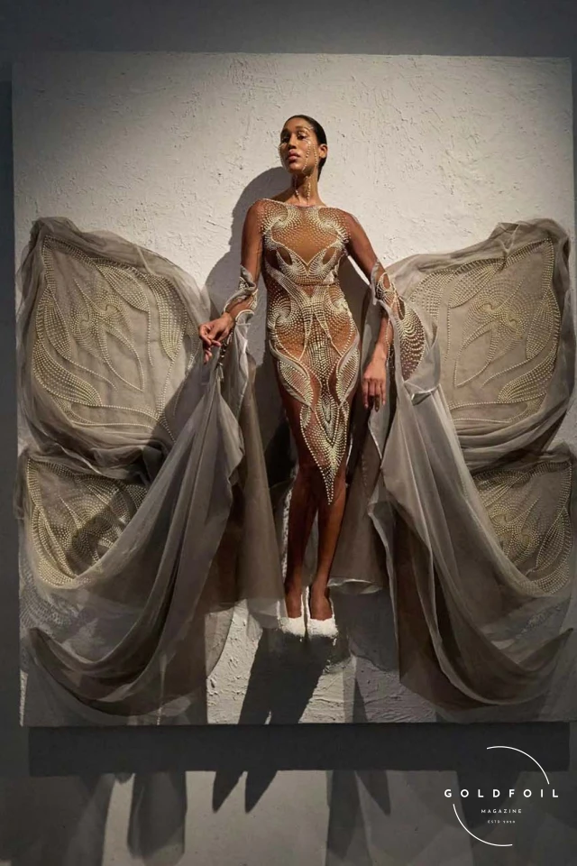 This collection also marked Van Herpen's venture into purely artistic practice, with four additional works that combined solid oil paint, airy tulle, and hand-pleated silk. Reflecting on her recent retrospective at the Musée des Arts Décoratifs, which drew a record-breaking crowd, Van Herpen explained,  This collection also marked Van Herpen's venture into purely artistic practice, with four additional works that combined solid oil paint, airy tulle, and hand-pleated silk. Reflecting on her recent retrospective at the Musée des Arts Décoratifs, which drew a record-breaking crowd, Van Herpen explained,