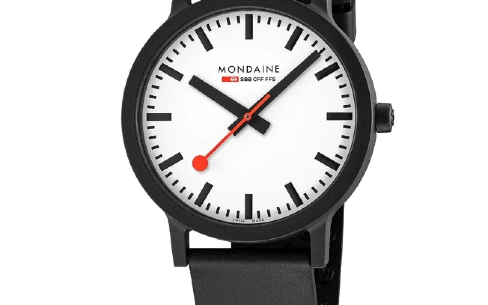 The Mondaine Essence Black stands out with its iconic Swiss railway clock design, now crafted from eco-friendly materials for a modern, sustainable twist. Its bold black dial and strap offer a sleek, contemporary look, while maintaining the brand's signature precision and readability. The Mondaine Essence Black stands out with its iconic Swiss railway clock design, now crafted from eco-friendly materials for a modern, sustainable twist. Its bold black dial and strap offer a sleek, contemporary look, while maintaining the brand's signature precision and readability.