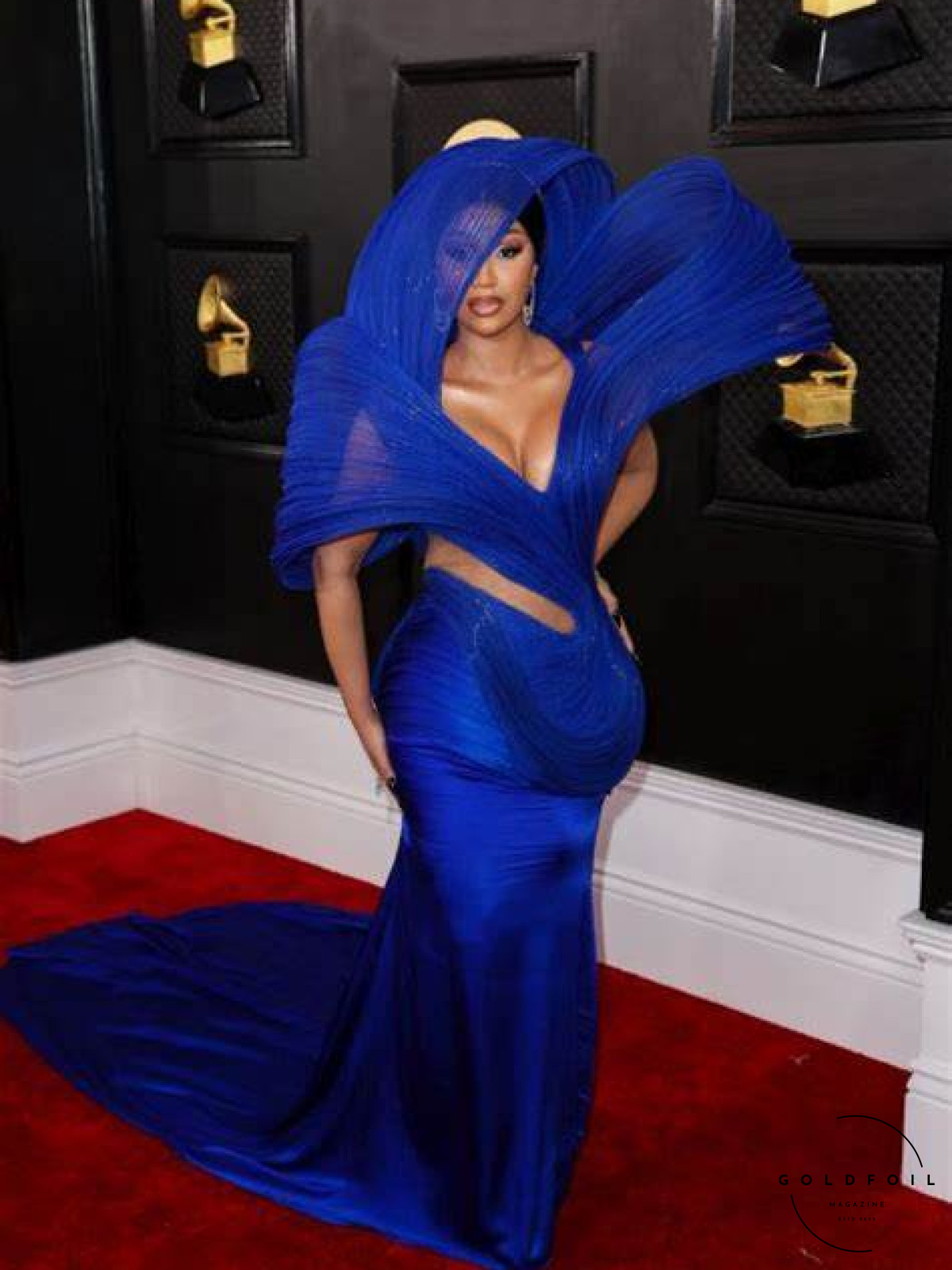 Cardi B wearing an iconic Gaurav Gupta Sculpted blue dress to the 2023 Grammys