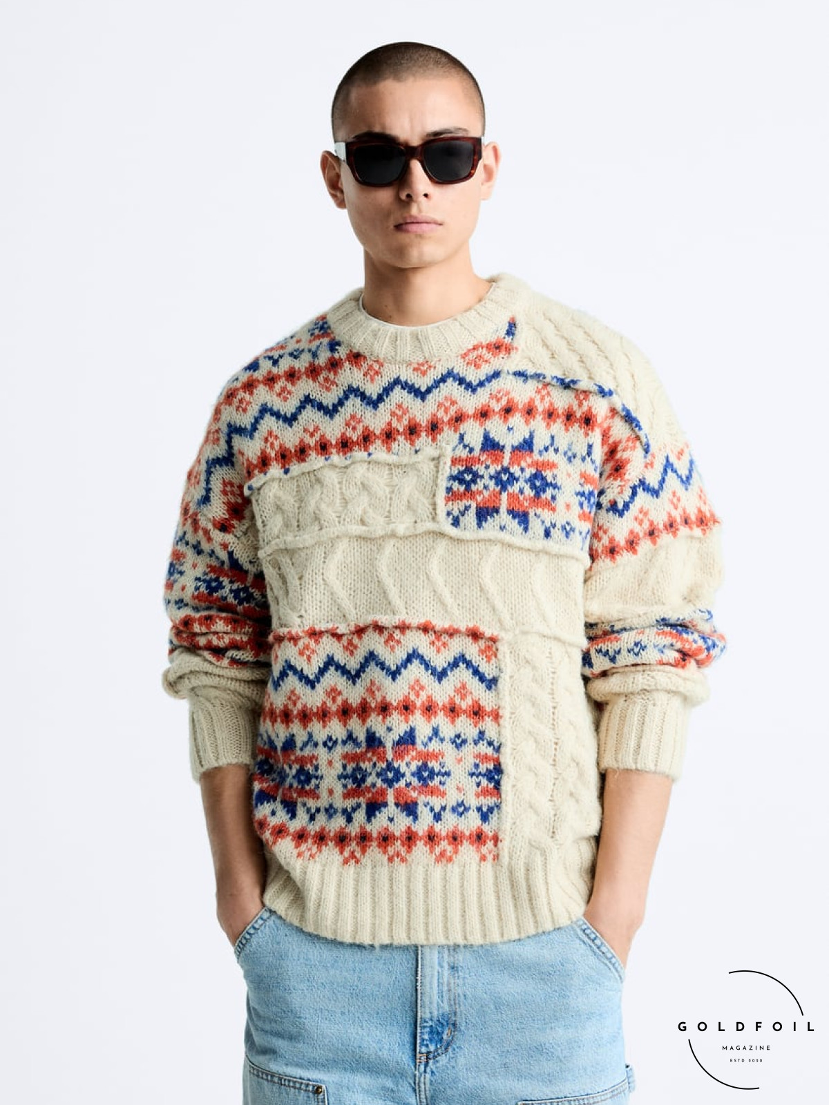 Contrast jacquard sweater from Zara is the perfect Christmas piece for his wardrobe