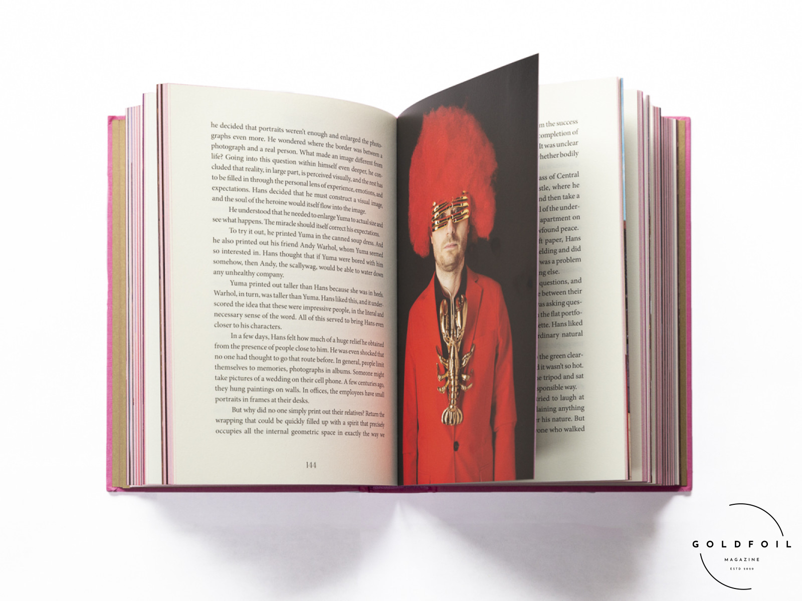 Inside the book Just to Land in Tokyo showing a photograph of a character wearing a red wig, a red blazer, and gold jewellery