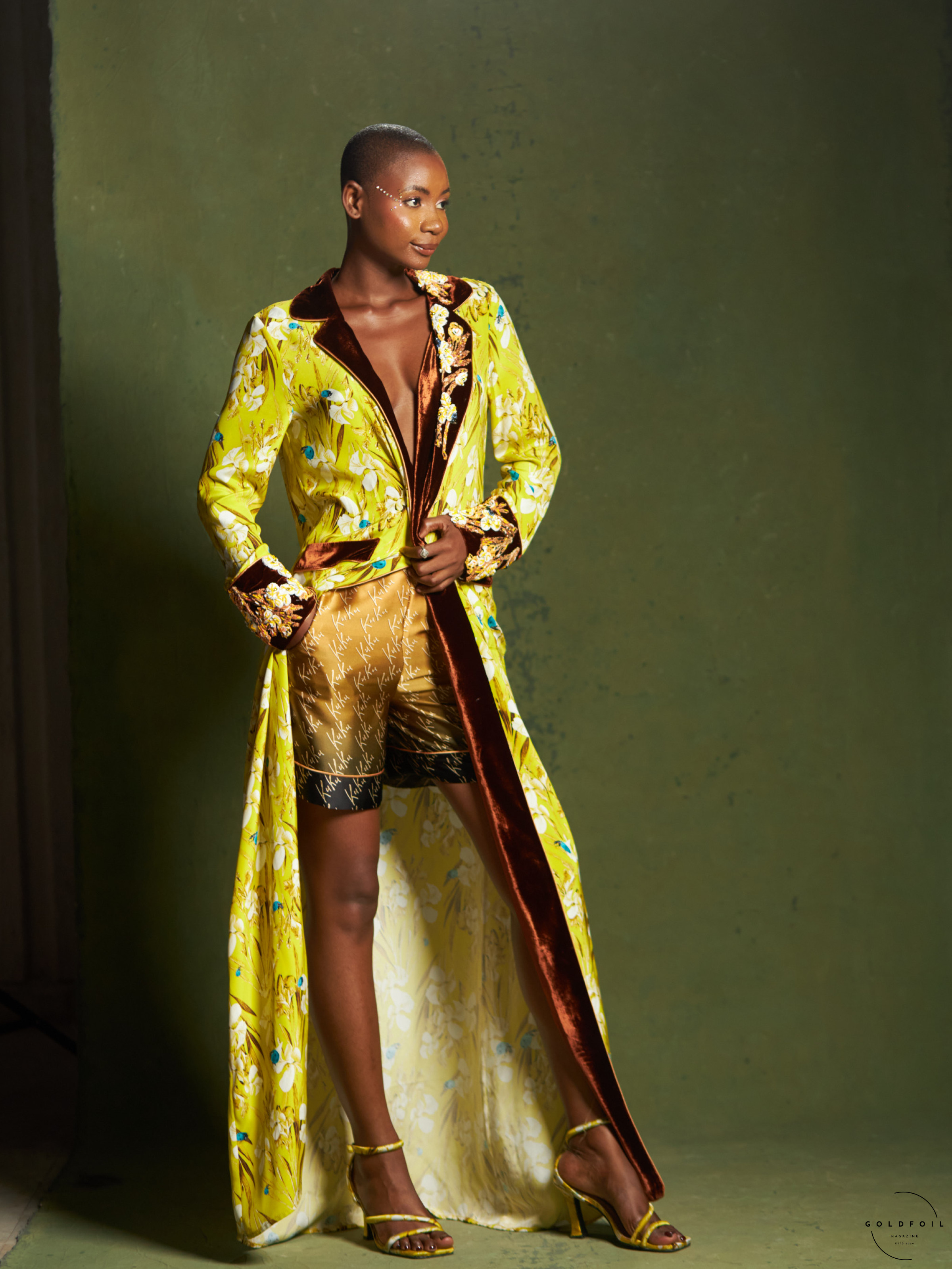 Banke Kuku yellow silk dressing gown in floral patterns with silk shorts