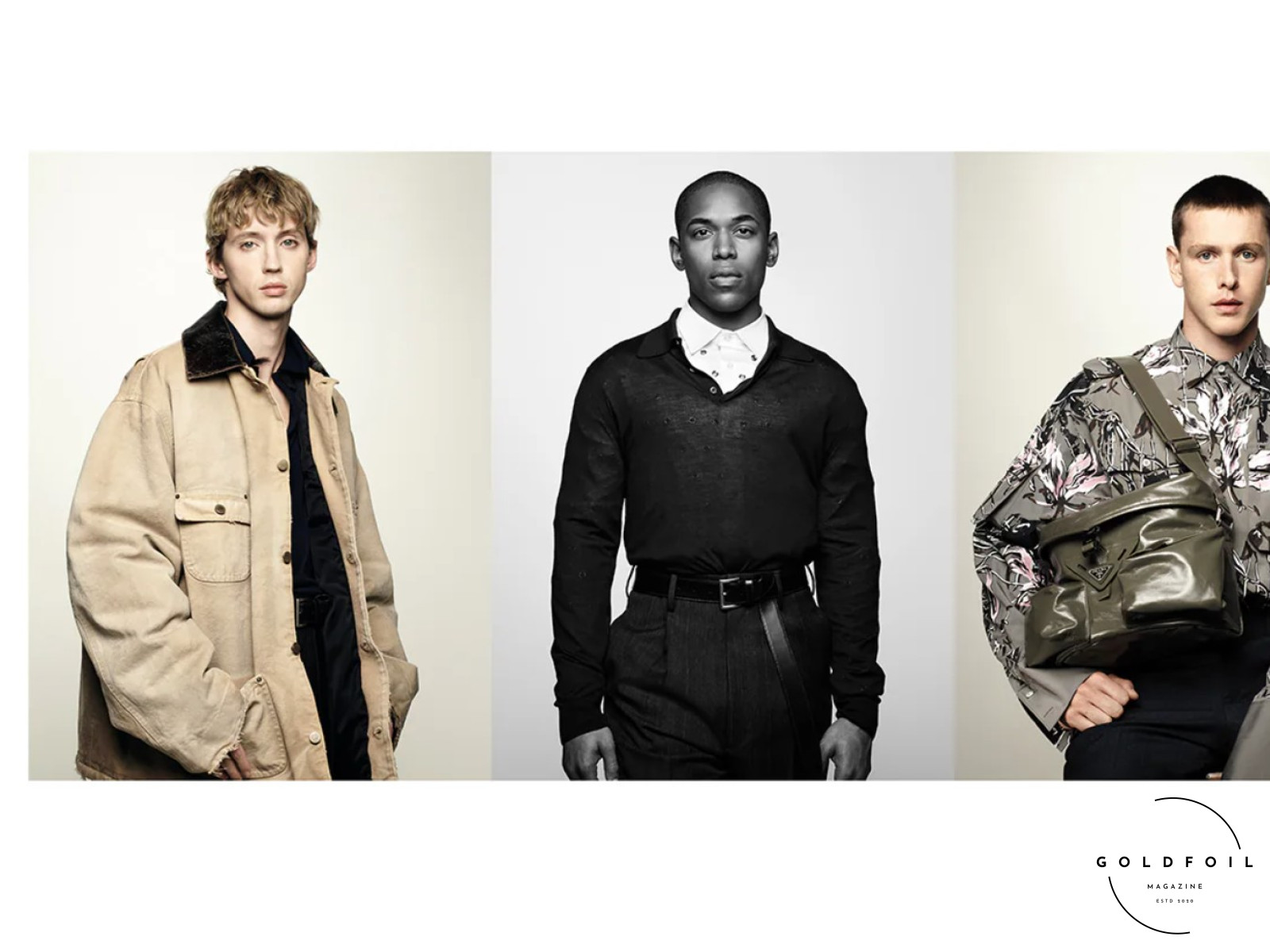 The Spring/Summer 2024 ad campaign from Prada featuring Harris Dickinson, Kelvin Harrison Jr., and Troye Sivan